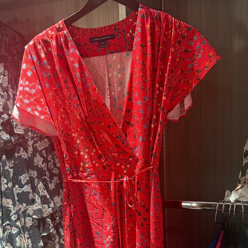French Connection Red Floral Midi Dress with Slit - XS